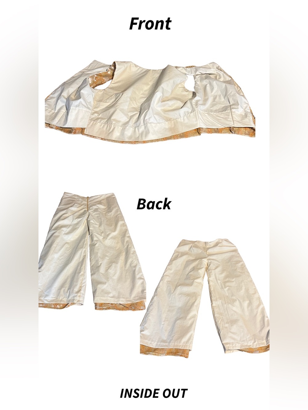 HANDMADE UPCYCLED WIDE LEG PANTS & CROP TOP CREAM & ORANGE SET (XL) - Picture 10 of 12